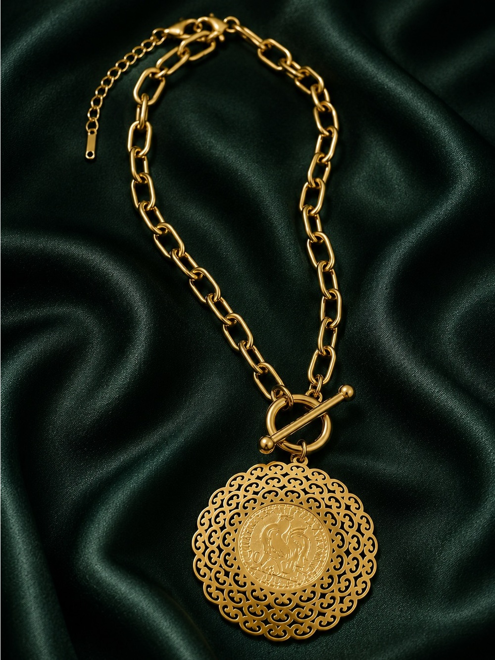 Gold tone Rooster carved Medallion Necklace - Picture 5 of 6